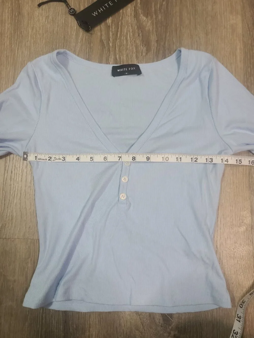 White Fox Baby Blue Girl Talk Ribbed Button Front Cropped Pajama Top Size M